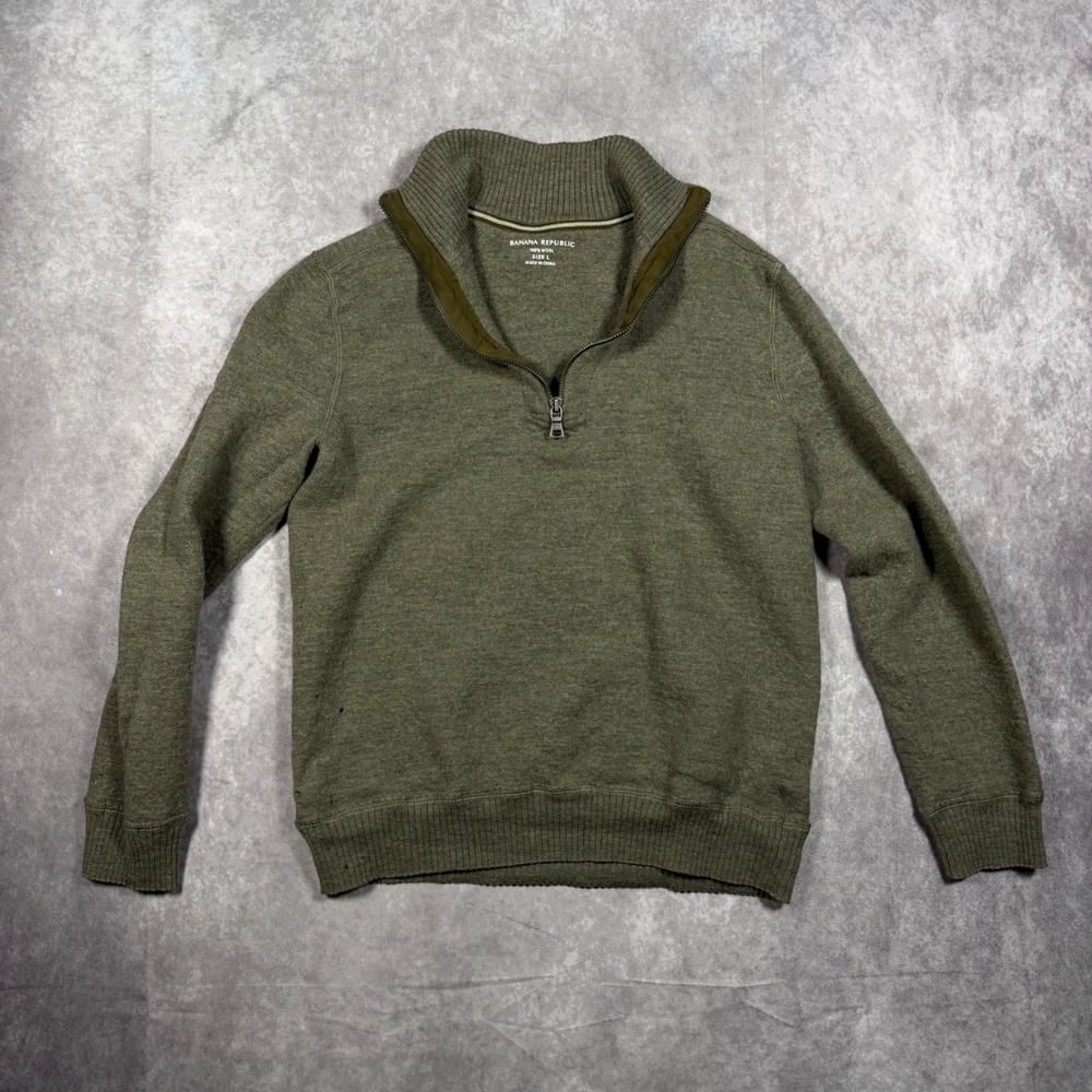 Banana Republic Mens L Olive Green 100% Wool Quarter Zip Sweater Classic Luxury